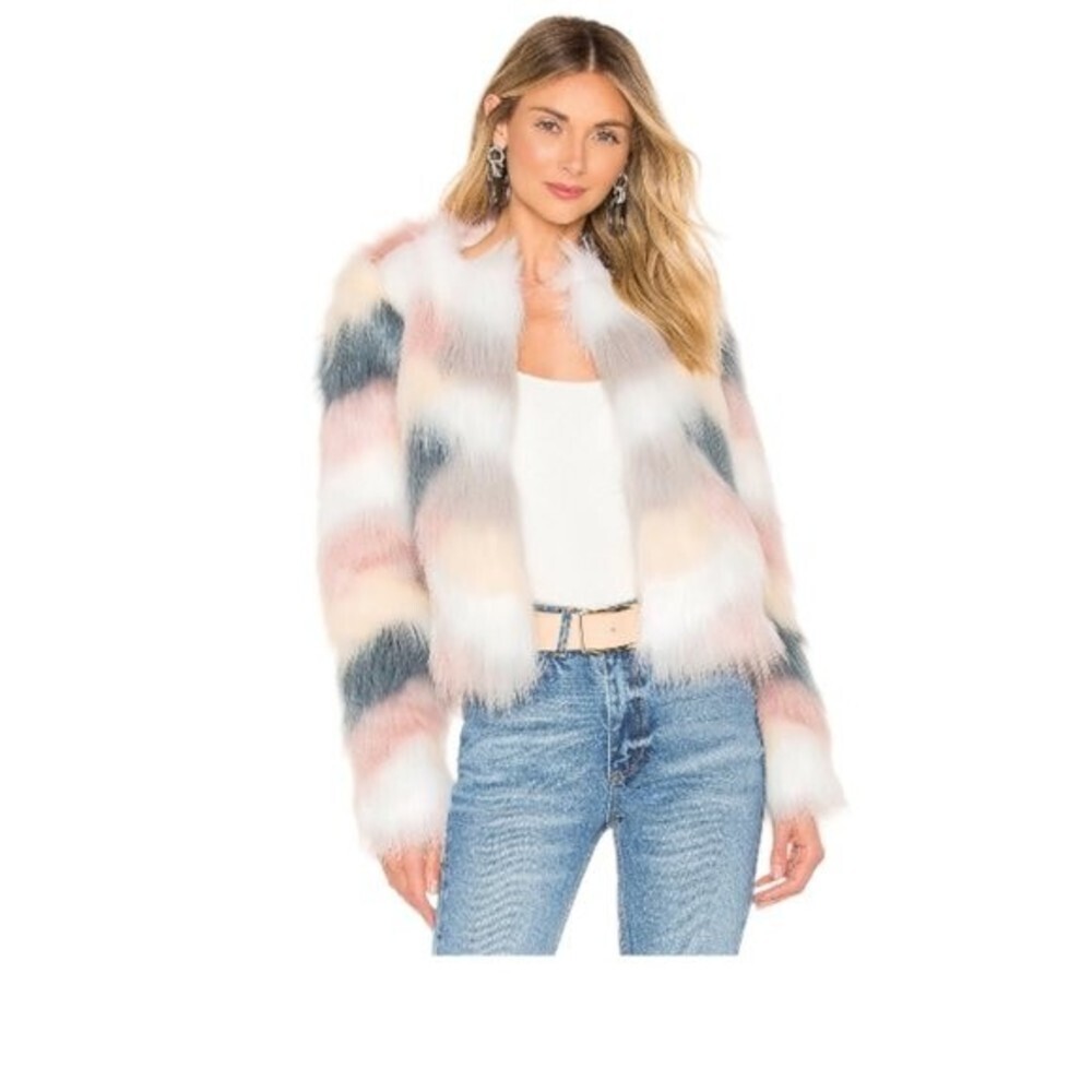By The‎ Way. Extra Small Shiloh Ivory Multicolored Faux Fur Jacket